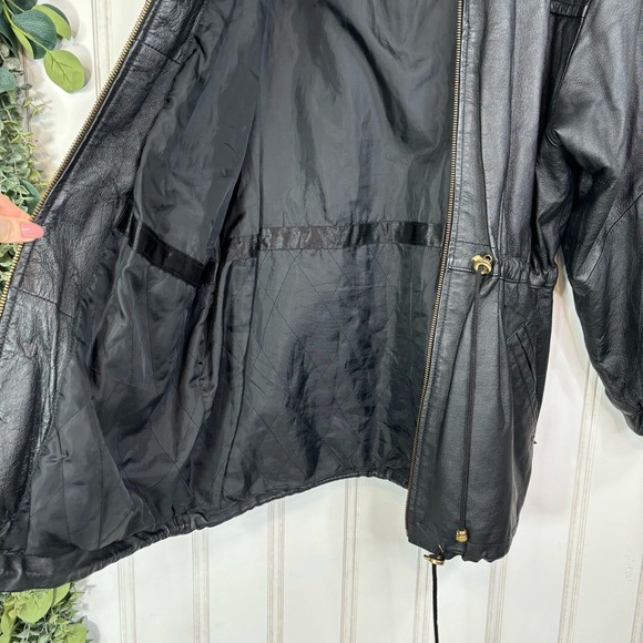 Vintage Leather Jacket Black Hooded Anorak Faux Fur Warm Winter Coat MEDIUM - Picture 10 of 16
